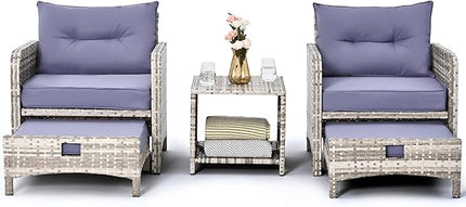 Pamapic 5 Pieces Outdoor Patio Wicker Chairs Set with Ottoman .Outside Conversation Furniture Set with Cushions and Coffee for Balcony Porch Lawn Garden Table (Purple Cushion + Grey Rattan) - LeafyLoom