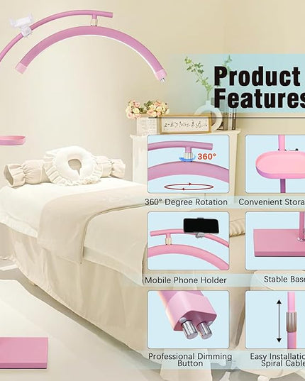 Lash Light Esthetician Lamp for Lash Extensions - LED Floor Lash Lamp Half Moon Ring Facial Light for Eyelash Tech with Pallets & Phone Holder Light for Tattoo Artists, Nail Tech X Pink - LeafyLoom