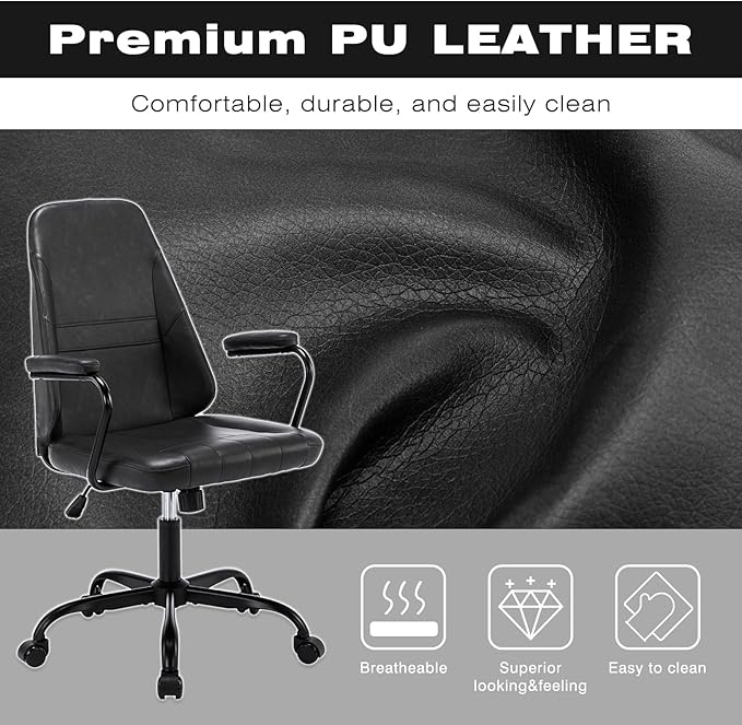 Executive Office Chair, Home Office Desk Chair, Mid Back PU Leather Desk Chair, 360° Swivel Computer Chair, Height Adjustable Tilt Vanity Task Chair for Office, Reading Meeting Room - LeafyLoom