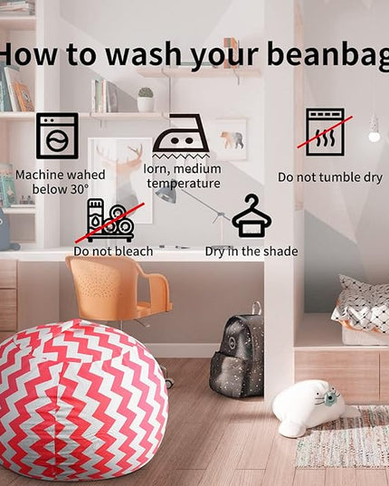 Stuffed Animal Storage Bean Bag Chairs Toy Storage Organizer Bean Bags Chair Cover for Kids 24" Cotton Canvas Beanbag with Zipper for Organizing Kid's and Adults Room and Adults, Pink wave - LeafyLoom