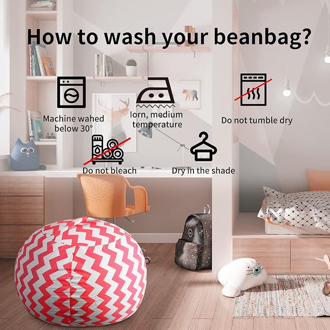 Stuffed Animal Storage Bean Bag Chairs Toy Storage Organizer Bean Bags Chair Cover for Kids 24" Cotton Canvas Beanbag with Zipper for Organizing Kid's and Adults Room and Adults, Pink wave - LeafyLoom