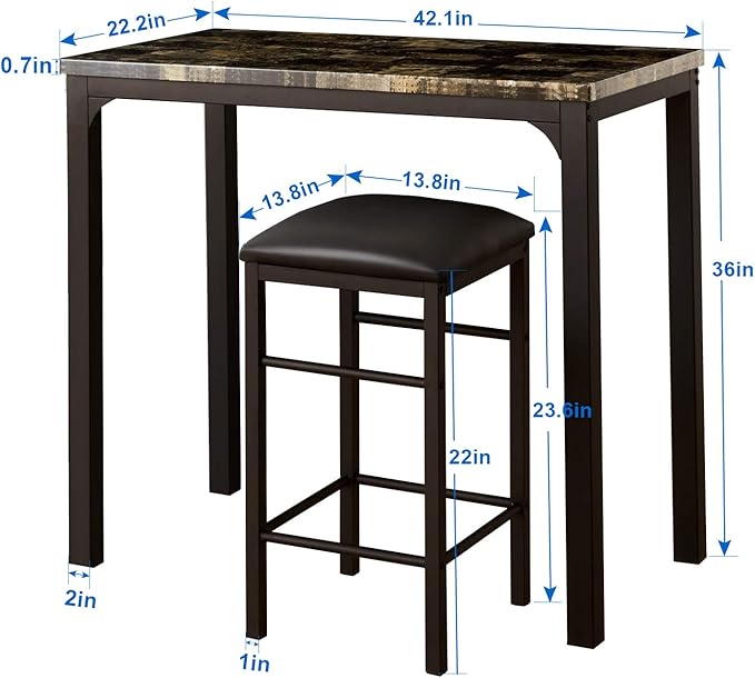 VECELO Dining Table 2 Stools, Counter Height for Kitchen, Living Room, Small Apartment, 3-Piece Set, Brown - LeafyLoom