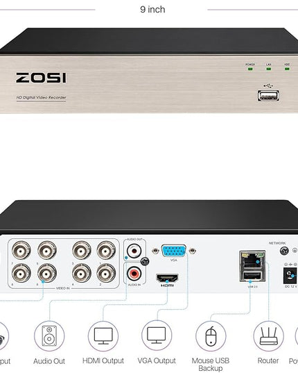 ZOSI 8CH 3K Lite Home Security DVR with 2TB HDD,AI Human/Vehicle Detection,Remote Access,Alert Push,H.265+ Hybrid 4-in-1 Wired Surveillance DVR for HD-TVI, CVI, CVBS, AHD 960H/720P/1080P CCTV Cameras ZOSI