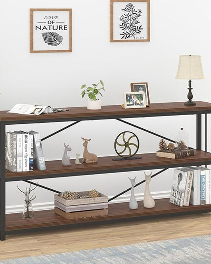 IBF Walnut Low Wide Bookcase, Vintage 63 Inch Long 3 Tier Open Book Shelf, Farmhouse Big Wood Metal sturdy Bookshelf Display Case, Simple Large Etagere Bookshelves for Home Living Room Office Bedroom - LeafyLoom