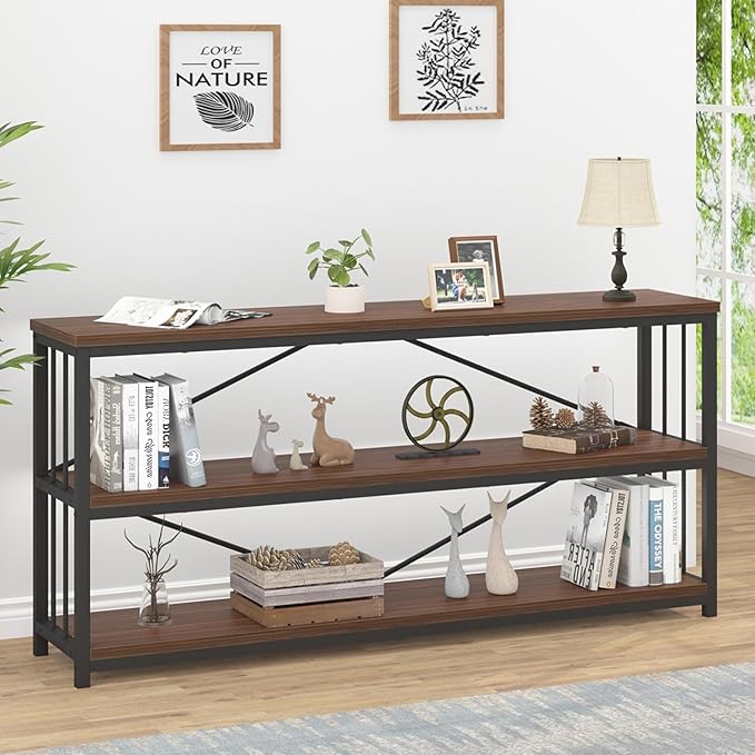 IBF Walnut Low Wide Bookcase, Vintage 63 Inch Long 3 Tier Open Book Shelf, Farmhouse Big Wood Metal sturdy Bookshelf Display Case, Simple Large Etagere Bookshelves for Home Living Room Office Bedroom - LeafyLoom