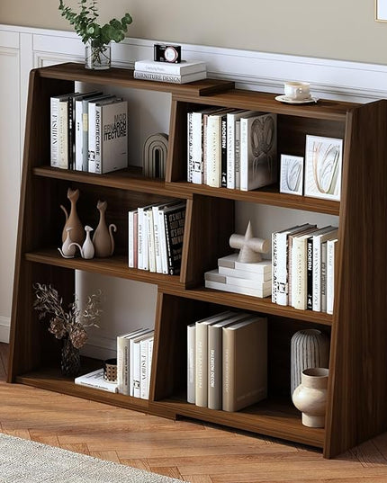 IOTXY Wooden Extendable Shelf Bookcase - 3-Tier Ladder Low Short Bookshelf for Small Space or Corner, Dark Walnut, S - LeafyLoom