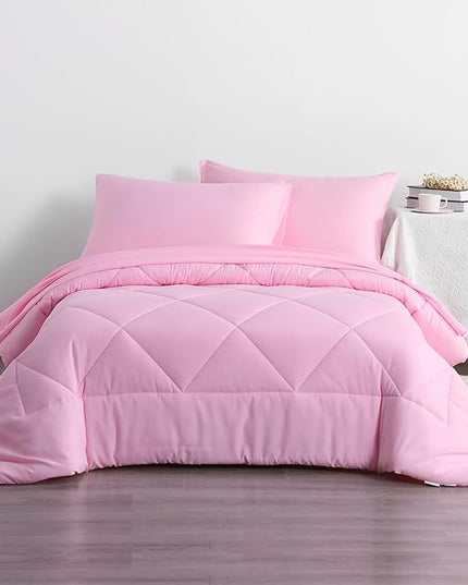 NTBAY Twin Comforter Set with Sheets, 5 Pieces Soft and Breathable Twin Bedding Set, Twin Bed in a Bag, Down Alternative Comforter Set Solid Color All Season, Kids Bedding Set, Pink - LeafyLoom
