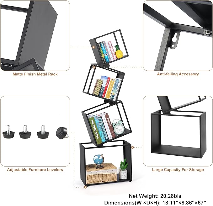 Bookshelf 2024 NEW, 4-Tier Bookshelves, 49.2" Tall Black Bookshelf, Book Shelf, Bookcase, Modern Bookshelf, Storage Shelves for CDs/Books/Collections, Display Shelf, Livingroom, Bedroom, Office - LeafyLoom