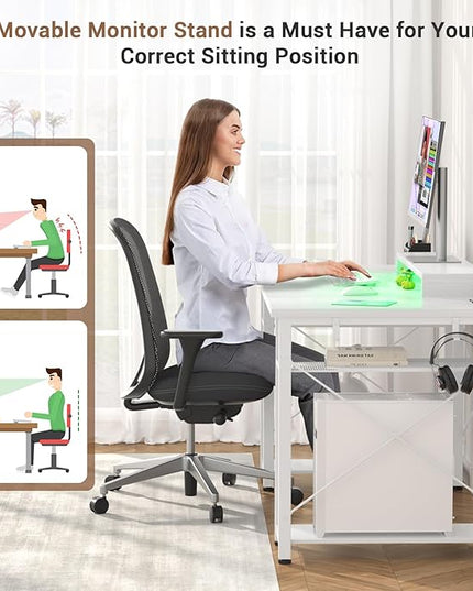 armocity Computer Desk with LED Lights, 48 Inch Reversible Large Desk with Power Outlet and USB, 48'' Gaming PC Table with Moveable Monitor Stand for Home Office, Workstation, White - LeafyLoom
