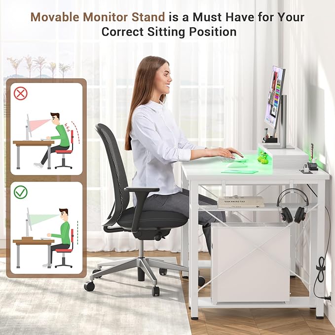armocity Computer Desk with LED Lights, 48 Inch Reversible Large Desk with Power Outlet and USB, 48'' Gaming PC Table with Moveable Monitor Stand for Home Office, Workstation, White - LeafyLoom