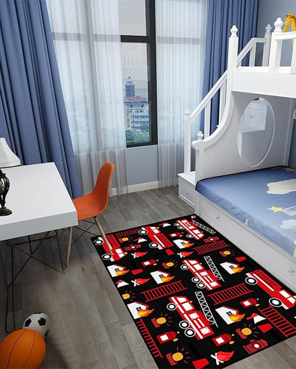 Car Play Rug Fire Fighting Truck Area Rug Car Rug Play Mat Kids Rugs for Playroomcar Rug for Boys Room Carpet Floor Mat for Bedroom Living Room,Black 3'×4' - LeafyLoom