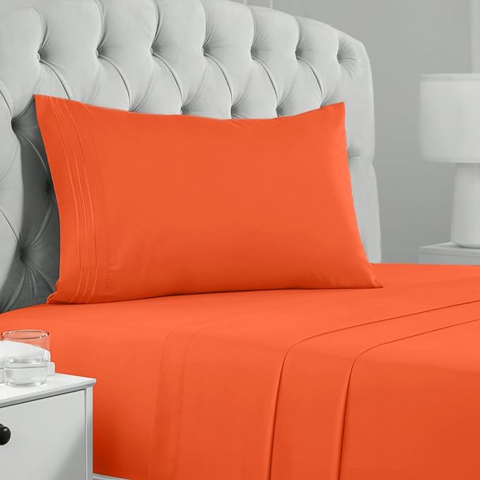 Mellanni Twin XL Sheets Set - 3 PC Iconic Collection Bedding Sheets & Pillowcases - Hotel Luxury, Extra Soft, Cooling Bed Sheets - Deep Pocket up to 16 inch (Twin Extra Long, Poppy Orange) - LeafyLoom