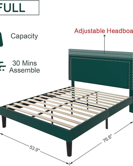 VECELO Full Size Platform Bed Frame with Height Adjustable Upholstered Headboard, Modern Mattress Foundation,Strong Wood Slat Support, No Box Spring Needed, Easy Assembly - LeafyLoom