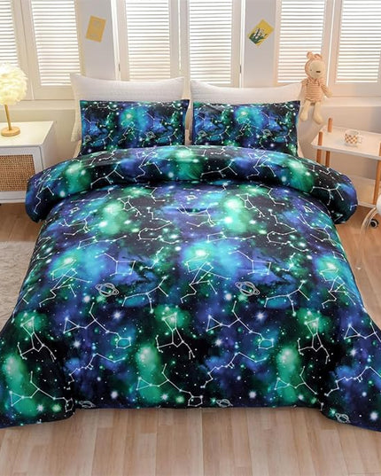 Holawakaka Tie Dye Constellation Print Ombre Comforter Set Twin Size Girls Boys Gradient Galaxy Bedding Set (Black Green,Twin) - LeafyLoom
