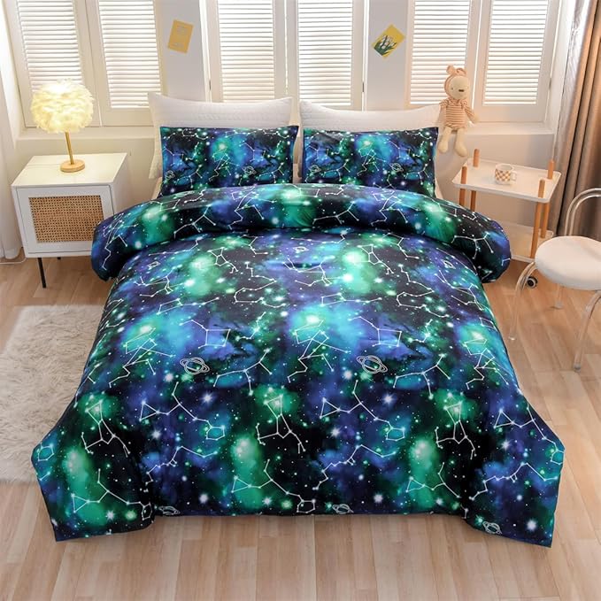 Holawakaka Tie Dye Constellation Print Ombre Comforter Set Twin Size Girls Boys Gradient Galaxy Bedding Set (Black Green,Twin) - LeafyLoom