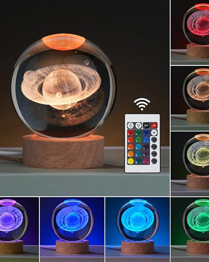 Large 3D Crystal Ball Saturn Lamp, Crystal Lamp 16 Color Changing Night Light with Remote Control for Bedroom Decor, Birthday Gift for Teens Boys and Girls, Saturn Model - LeafyLoom