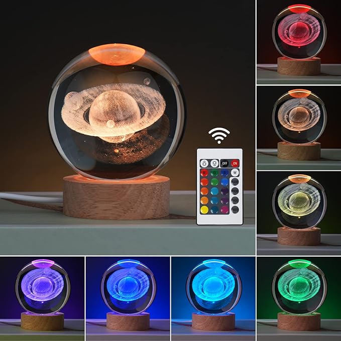 Large 3D Crystal Ball Saturn Lamp, Crystal Lamp 16 Color Changing Night Light with Remote Control for Bedroom Decor, Birthday Gift for Teens Boys and Girls, Saturn Model - LeafyLoom