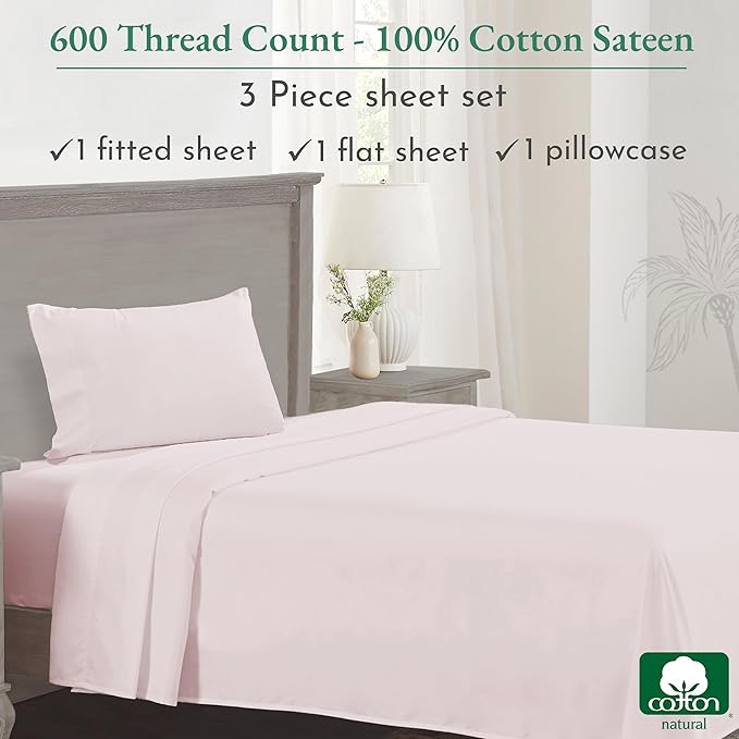 CALIFORNIA DESIGN DEN 5-Star Hotel Quality Twin Bed Sheets Cotton for Kids & Adults, 100% Cotton Sheet Set - 600 Thread Count Sateen with Deep Pocket (Blush Pink) - LeafyLoom