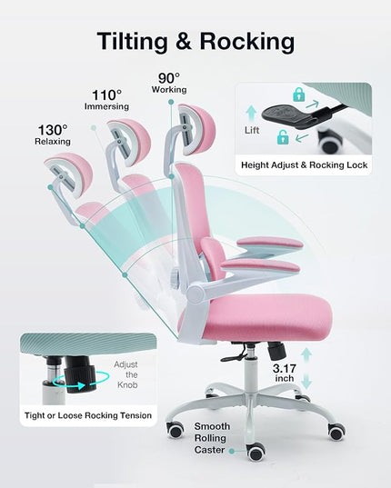 Ergonomic Office Chair with Tilt-Lock, Home Office Desk Chair with Auto Lumbar Support, High Back Mesh Desk Chair with Adjustable Headrest, Swivel Task Chair or Study Room Bedroom,Pink - LeafyLoom
