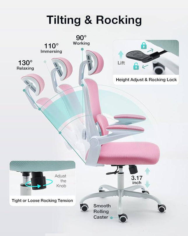 Ergonomic Office Chair with Tilt-Lock, Home Office Desk Chair with Auto Lumbar Support, High Back Mesh Desk Chair with Adjustable Headrest, Swivel Task Chair or Study Room Bedroom,Pink - LeafyLoom