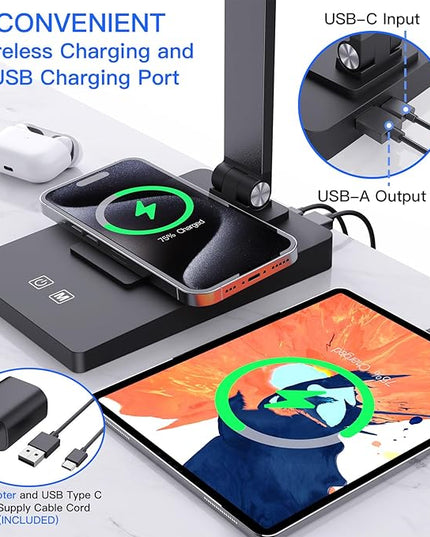 Desk Lamp with Wireless Charger USB Charging Port,LED Desk Lamps for Home Office,Small Table Lamp Study Desk Light,15 Lighting Modes,Morden Desk Lamp for College Dorm Room Essentials(Adapter Included) - LeafyLoom