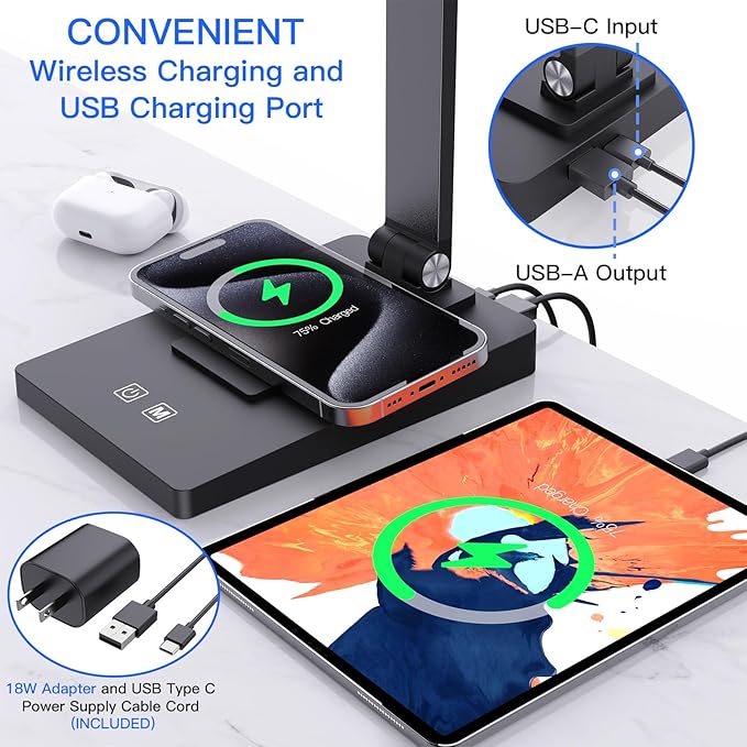 Desk Lamp with Wireless Charger USB Charging Port,LED Desk Lamps for Home Office,Small Table Lamp Study Desk Light,15 Lighting Modes,Morden Desk Lamp for College Dorm Room Essentials(Adapter Included) - LeafyLoom