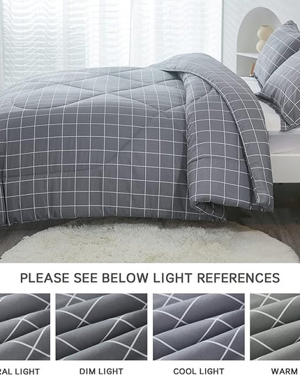 Andency Grey Grid Comforter Set Queen Size (90x90 inch), 3 Pieces (1 Grey Comforter and 2 Pillowcases), Summer Lightweight Microfiber Down Alternative Bedding Comforter Sets with White Lines - LeafyLoom