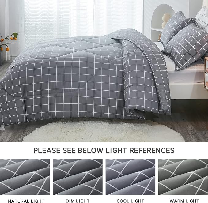 Andency Grey Grid Comforter Set Queen Size (90x90 inch), 3 Pieces (1 Grey Comforter and 2 Pillowcases), Summer Lightweight Microfiber Down Alternative Bedding Comforter Sets with White Lines - LeafyLoom