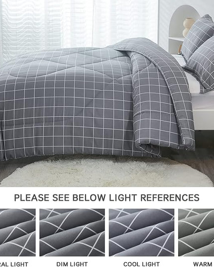 Andency Grey Grid Comforter Twin Size(66x90 inch), 2 Pieces (1 Comforter and 1 Pillowcase), Summer Lightweight Microfiber Down Alternative Bedding Comforter Sets with White Lines for Kids Boys Girls - LeafyLoom