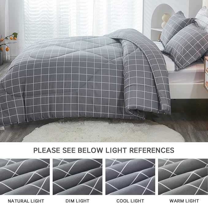 Andency Grey Grid Comforter Set King Size (104x90 inch), 3 Pieces (1 Grey Comforter and 2 Pillowcases), Summer Lightweight Microfiber Down Alternative Bedding Comforter Sets with White Lines - LeafyLoom