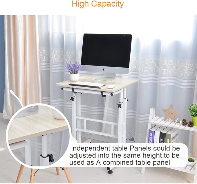 soges Mobile Standing DeskAdjustable Height, Roling Sit-Stand Desk, Small Standing Computer Desk Workstation on Wheels, Sit Stand Up Desk for Home Office, White Maple - LeafyLoom