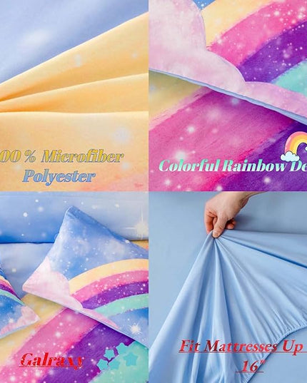 Blue Girls Bedding Set Twin, 6Pcs Colorful Rainbow Kids Comforter Set for Girls, 3D Gradient Glitter Bed in A Bag with Comforter, Sheets and Pillowcases for Teens - LeafyLoom