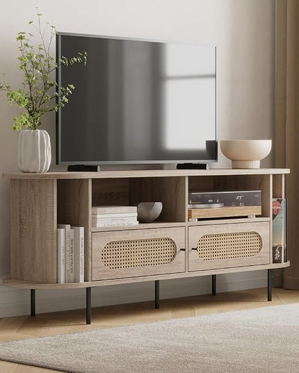 Oval Rattan TV Stand - Media Console - 63" TV Entertainment Center with Storage - Console Table for Living Room and Bedrooms - Supports 32 to 65" TVs - Soft-Close Cabinet Doors (Light Oak) - LeafyLoom