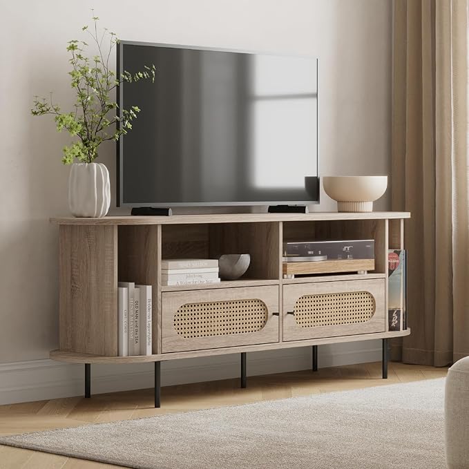 Oval Rattan TV Stand - Media Console - 63" TV Entertainment Center with Storage - Console Table for Living Room and Bedrooms - Supports 32 to 65" TVs - Soft-Close Cabinet Doors (Light Oak) - LeafyLoom