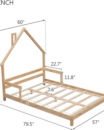 Full Size Bed Frame for Kids,House-Shaped Headboard Kids Bed,Girls Bed with Handrails,Low Platform Bed for Boys Girls,No Box Spring Needed(Natural) - LeafyLoom