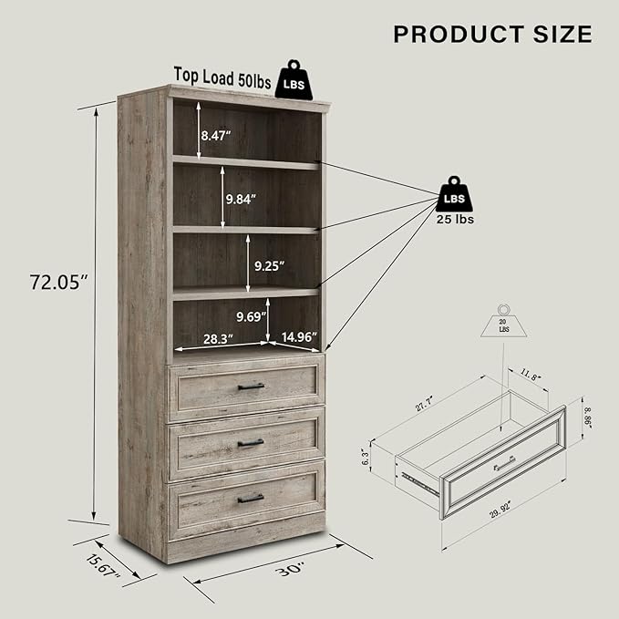 72" Tall Bookshlef with 3 Drawers, Farmhouse 4-Tier Bookcase with Adjustable Shlef, Wooden Storage Cabinet for Living Room, Kitchen, Home Office, Dining Room, Grey - LeafyLoom