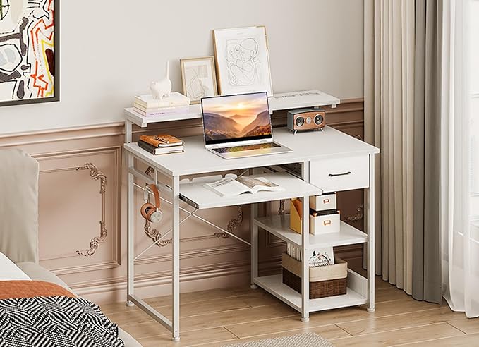 AODK Small Computer Desk with Keyboard Tray, 40 Inch Office Desk with Power Outlet, Work Desk with Drawer, Reversible Desk with Adjustable Monitor Shelf and Storage Shelf for Home, White - LeafyLoom