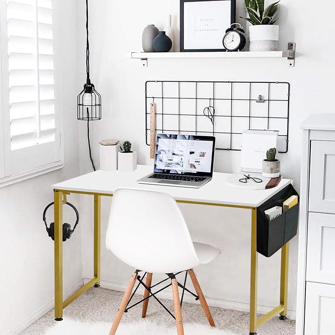 Lufeiya Small Computer Desk White Writing Table for Home Office Small Spaces 31 Inch Modern Student Study Laptop PC Desks with Gold Legs Storage Bag Headphone Hook,White Gold - LeafyLoom