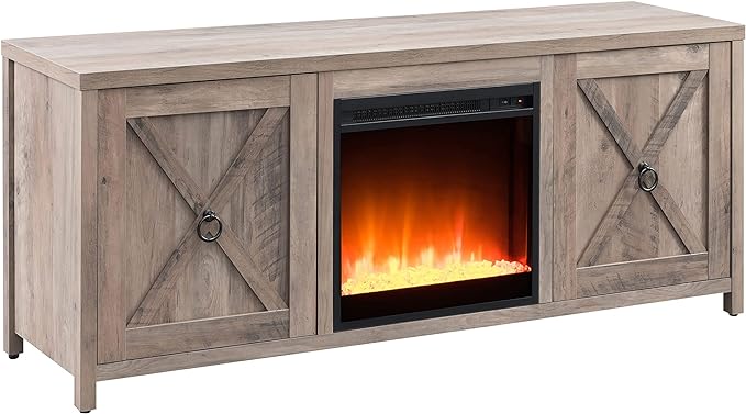 Henn&Hart Rectangular TV Stand with Crystal Fireplace for TV's up to 65" in Gray Oak, TV Stands for the Living Room - LeafyLoom