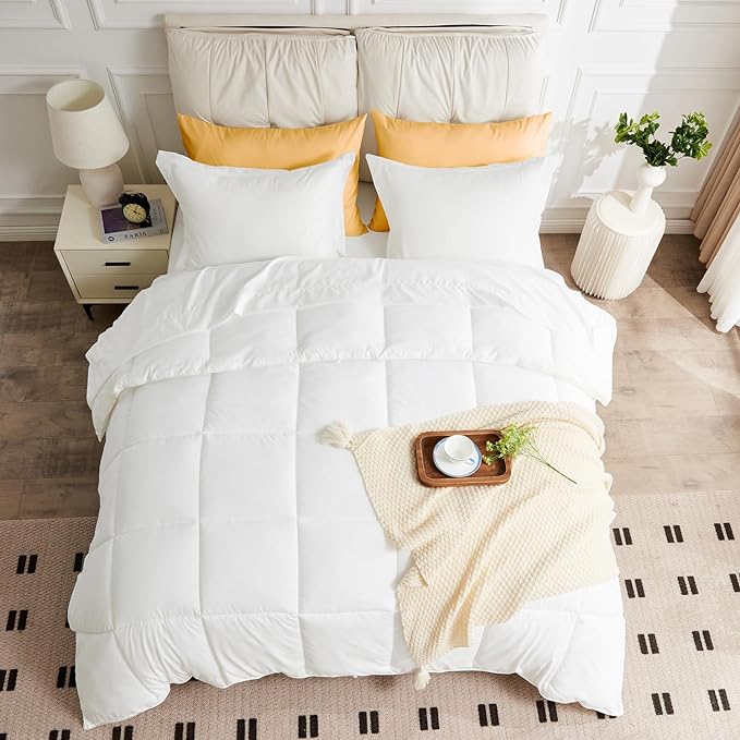 King Size Comforter Set - 3 Pieces, 1 Reversible Comforter and 2 Pillowcases,Soft Quilted Warm Fluffy Cooling Bedding for All Season,White - LeafyLoom