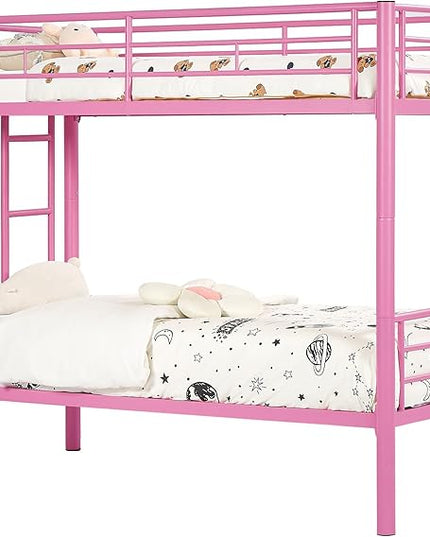 VECELO Metal Bunk Bed Twin Over Twin, Industrial Bunkbeds with Ladder and Full-Length Guardrail, Noise Free, No Boxing Spring Needed, Pink - LeafyLoom