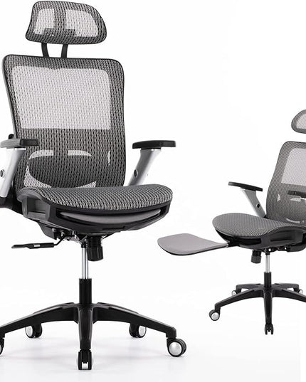 COLAMY Ergonomic Mesh Office Chair with Footrest, High Back Computer Executive Desk Chair with Headrest and 4D Flip-up Armrests, Adjustable Tilt Lock and Lumbar Support-Grey - LeafyLoom