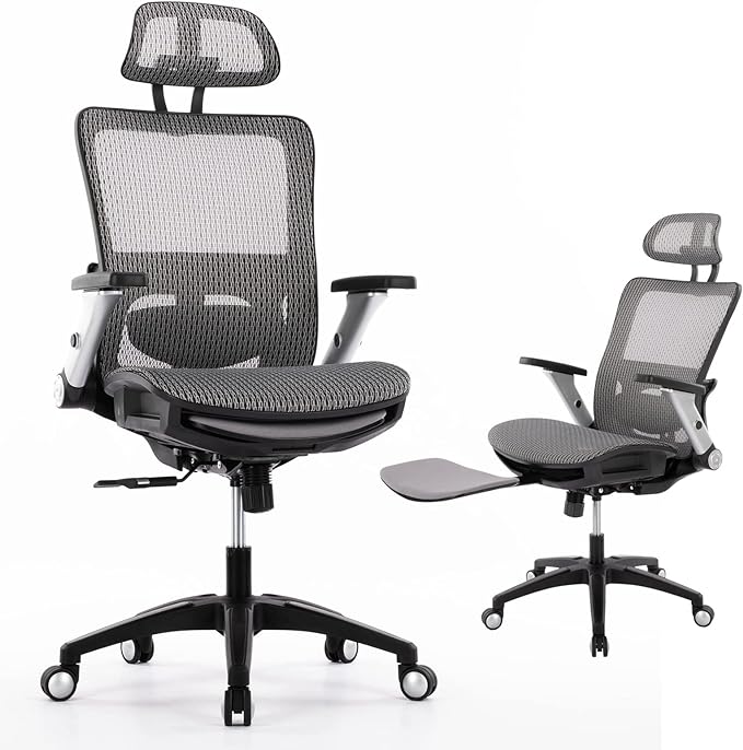 COLAMY Ergonomic Mesh Office Chair with Footrest, High Back Computer Executive Desk Chair with Headrest and 4D Flip-up Armrests, Adjustable Tilt Lock and Lumbar Support-Grey - LeafyLoom