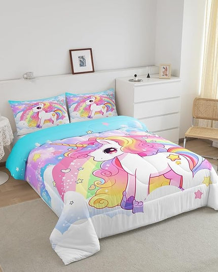 Manfei Cute Unicorn Kids Comforter Set Twin Size,Rainbow Stars Cloud Dreamy Bedding Set,Girls Women Room Decor,Cartoon Animals Castle Girly Down Comforter,Pink Blue Unique Duvet Insert,1 Pillowcase - LeafyLoom