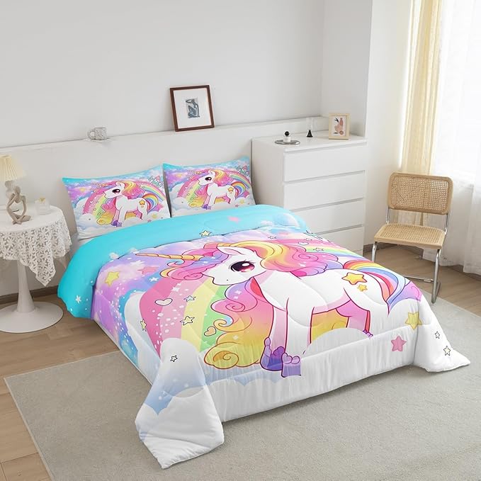Manfei Cute Unicorn Kids Comforter Set Twin Size,Rainbow Stars Cloud Dreamy Bedding Set,Girls Women Room Decor,Cartoon Animals Castle Girly Down Comforter,Pink Blue Unique Duvet Insert,1 Pillowcase - LeafyLoom