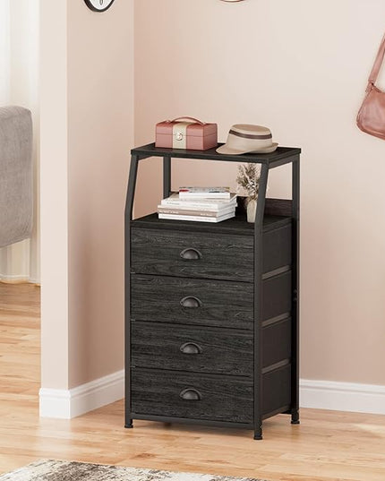Furnulem Tall 4 Drawers Dresser, Vertical Storage Tower Black Dresser for Bedroom, Hallway, Entryway, Nursery, Closet Organizer, Nightstand Bedside Table Furniture, Sturdy Steel Frame, Wood Top - LeafyLoom