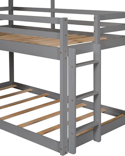 Twin Over Twin House Bed, Solid Wood Bunk Bed with Roof, Window, Guardrail and Ladder for Kids Teens Boys Girls, Ideal Bedroom Furniture, Gray - LeafyLoom