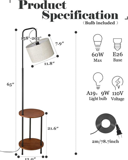 ELYONA Modern Floor Lamp with End Table, Rubber Wood Bedside Table Lamp with Adjustable Drum Shade, Rustic Tall Pole Shelf Reading Standing Light for Farmhouse Bedroom, Living Room, Office - Walnut - LeafyLoom