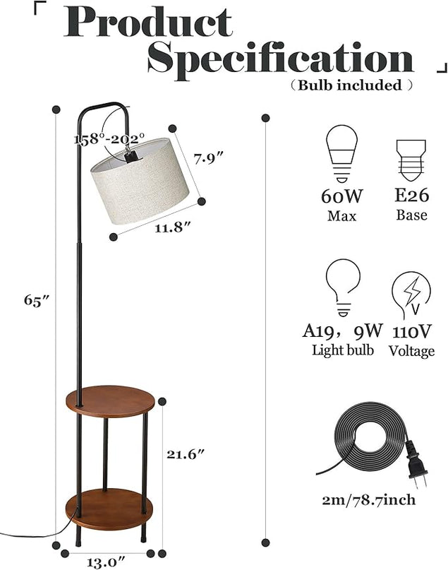 ELYONA Modern Floor Lamp with End Table, Rubber Wood Bedside Table Lamp with Adjustable Drum Shade, Rustic Tall Pole Shelf Reading Standing Light for Farmhouse Bedroom, Living Room, Office - Walnut - LeafyLoom