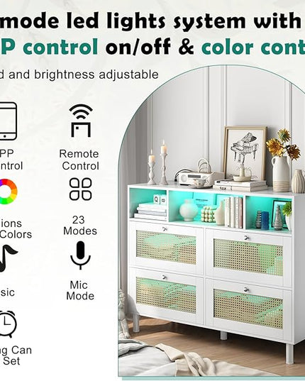 Sideboard Buffet Cabinet, Kitchen Storage Cabinet with Power Outlet & Led Lights, Accent Cabinet with 4 Rattan Doors, White - LeafyLoom